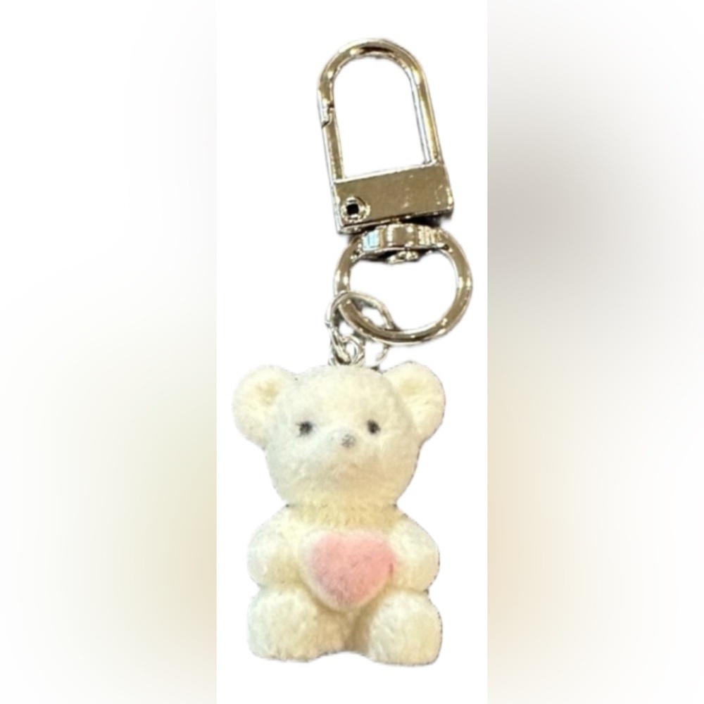 Fuzzy Teddy Bear Bag Charm White Flocked Clip Dangle Backpack Heart Charms - Picture 3 of 4